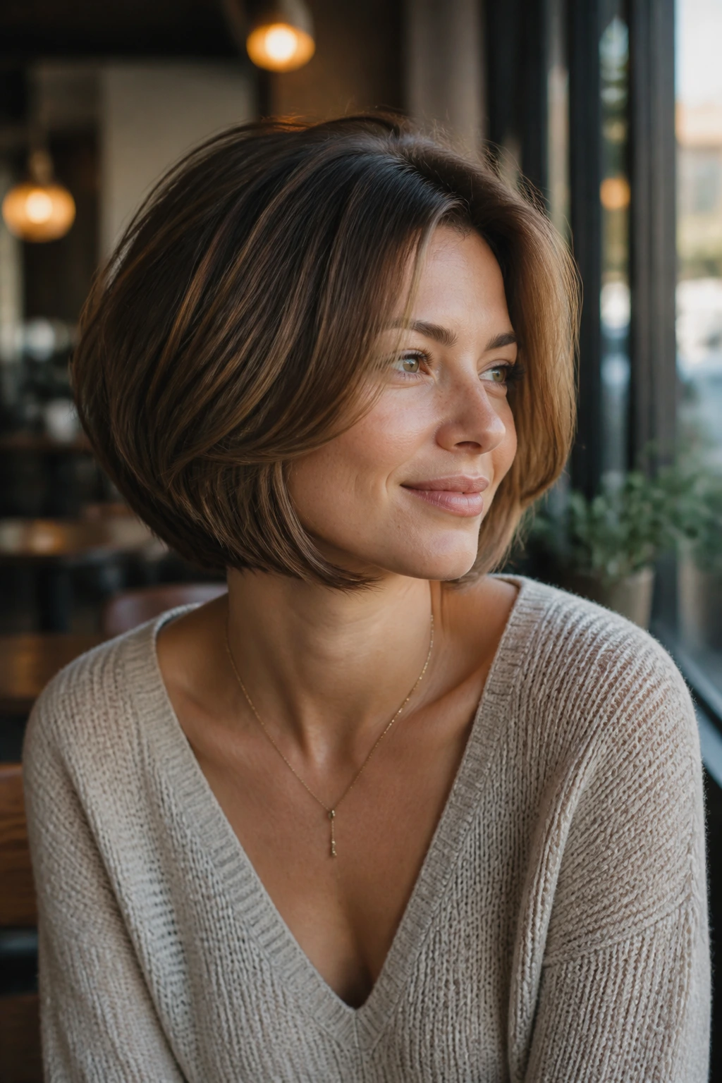 Close-up portrait of a real woman with Soft Volume Bob showing crown lift and rounded silhouette