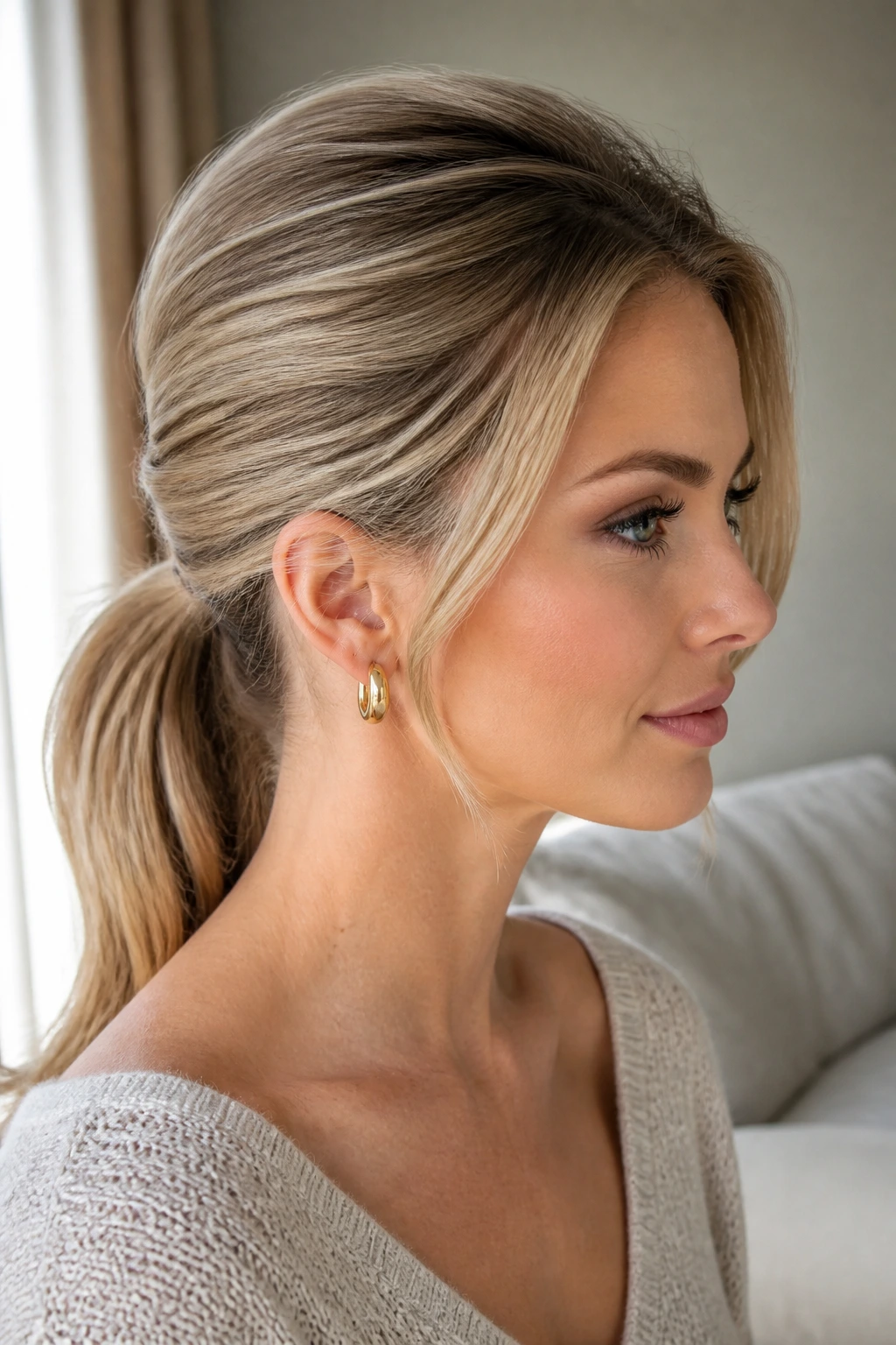 Close-up of a soft-volume crown low ponytail on a real woman