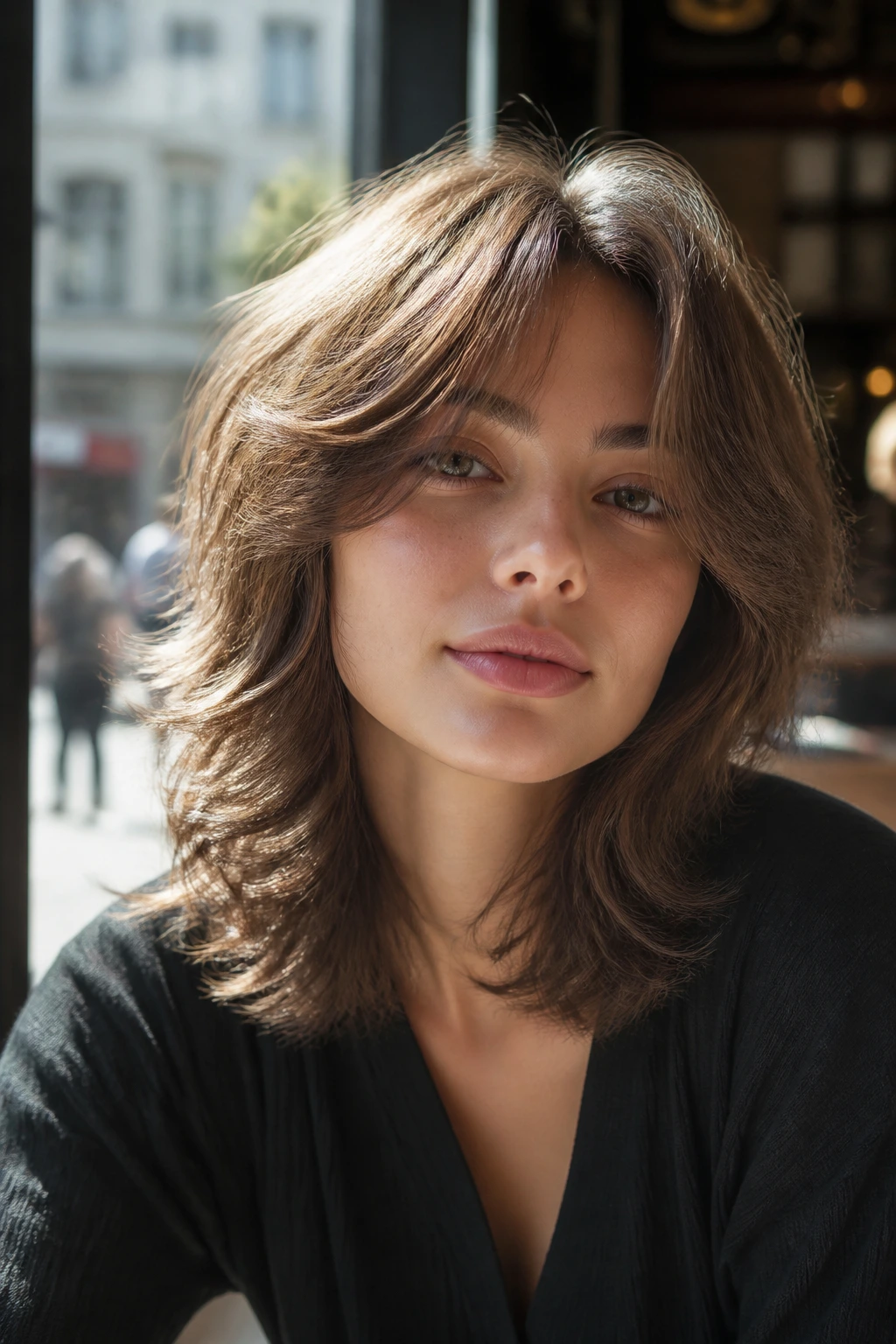 Close-up portrait of a real person with a fluffy haircut looking relaxed by noon at a cafe window.
