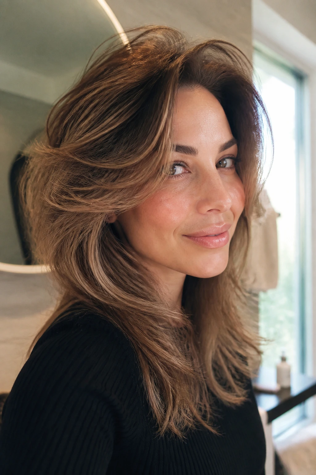 Close-up of a real woman with fluffy volume and root lift in a warm bathroom setting