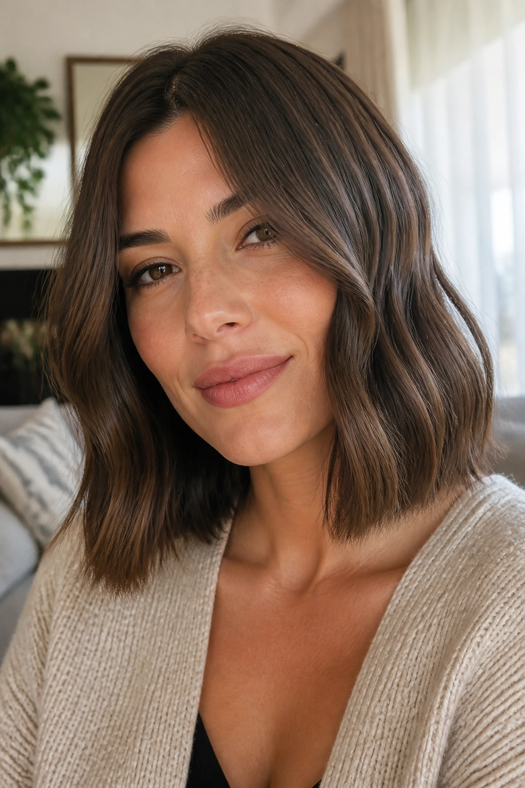 Portrait of real woman with soft wave lob and midshaft waves with straighter ends