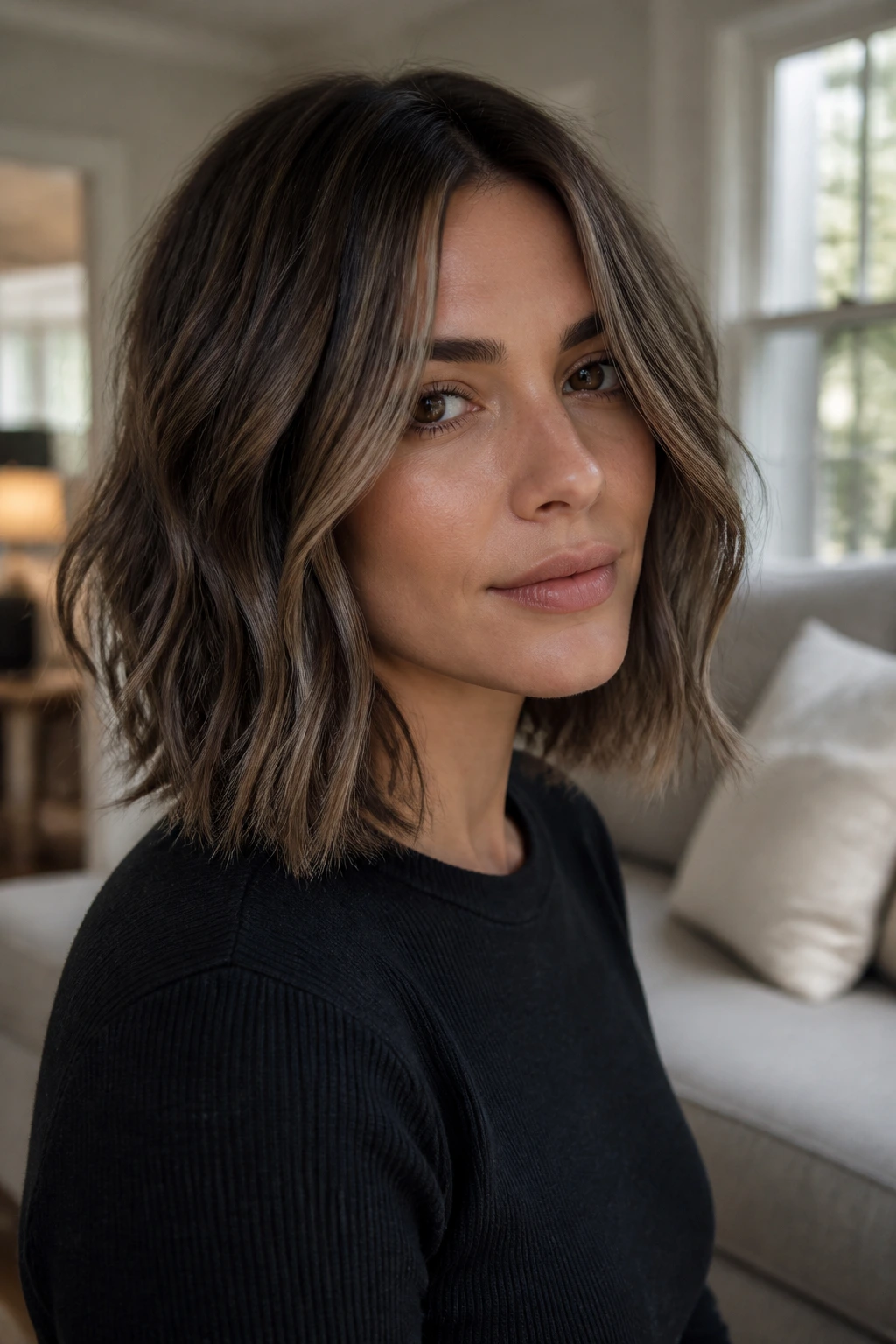 Close-up of real woman with soft wave lob micro layers in home setting