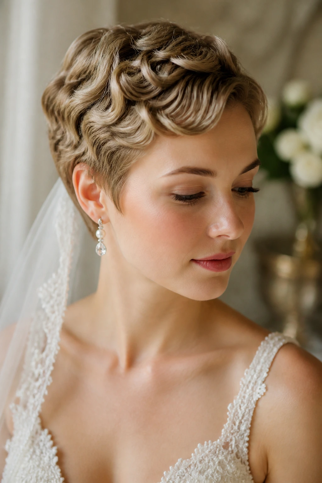 Real bride with soft wave-set pixie, elegant and polished.