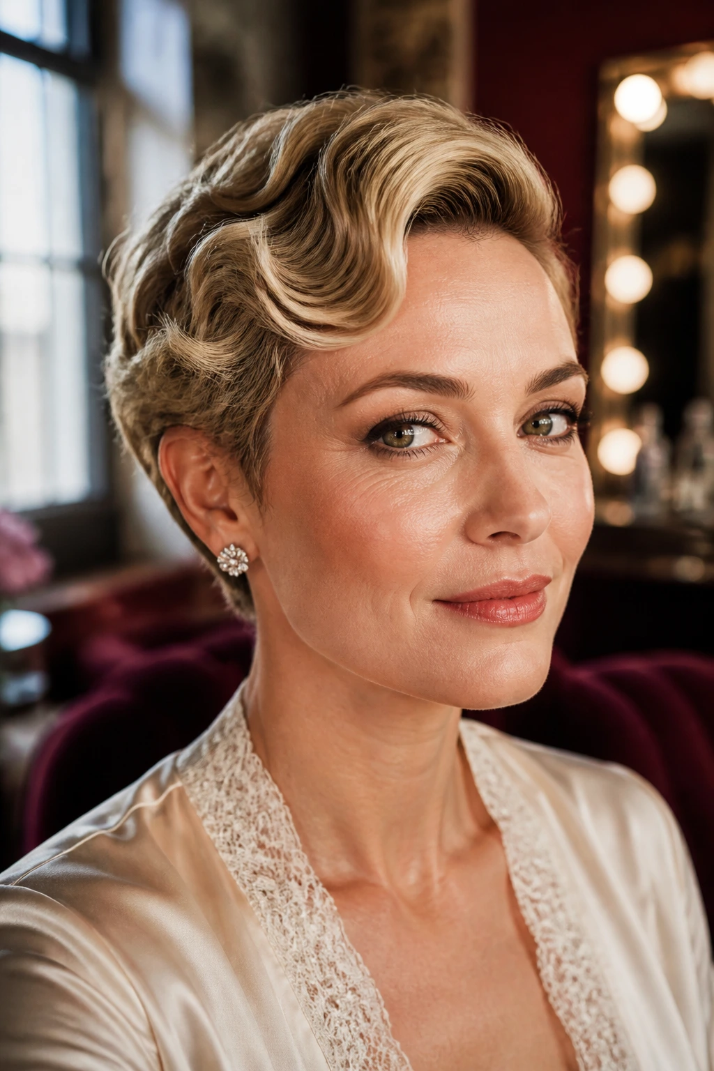 Close-up of a real woman with Marilyn Soft Wave Pixie featuring soft waves and side part, window light.