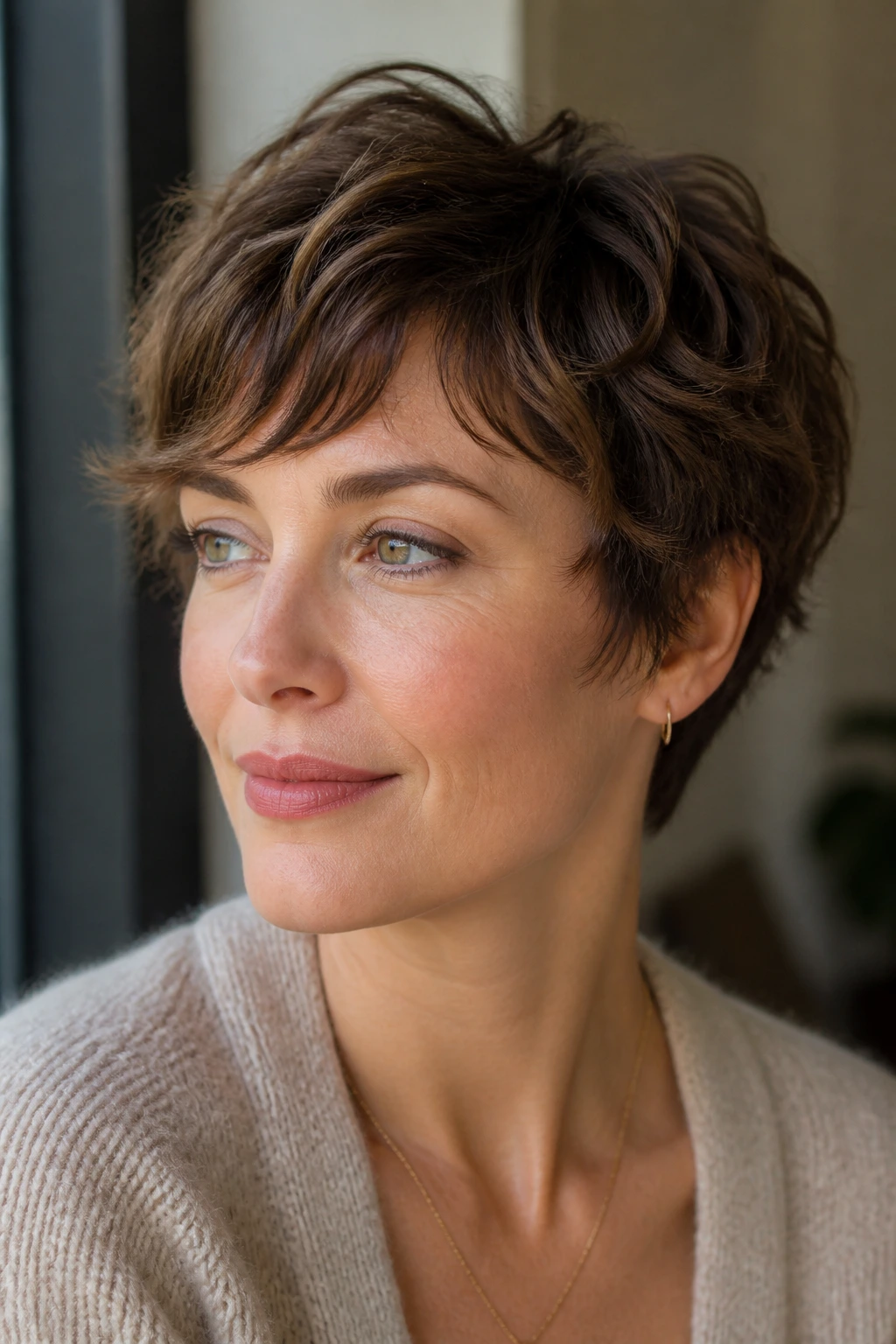 Close-up of a real woman with soft-wave pixie and gentle fringe