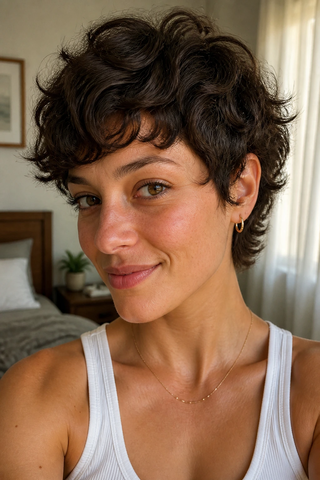 Close-up portrait of a real woman with soft wave pixie wolf hairstyle in a cozy bedroom.