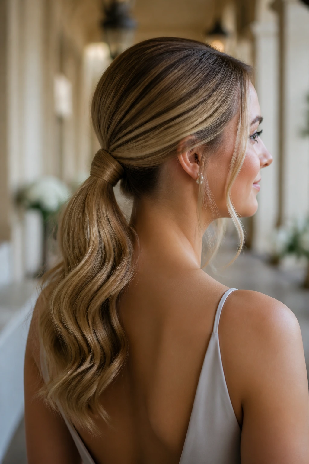 Real person with soft wave wrapped ponytail in a bridal setting