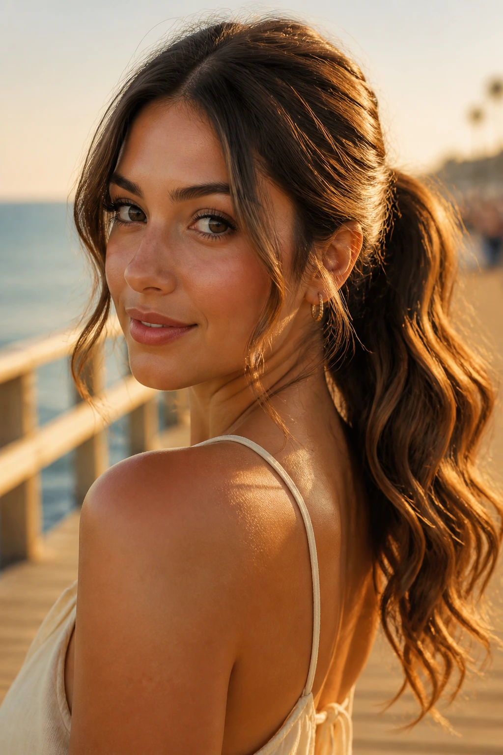 Real woman with a soft wave ponytail on a golden hour boardwalk