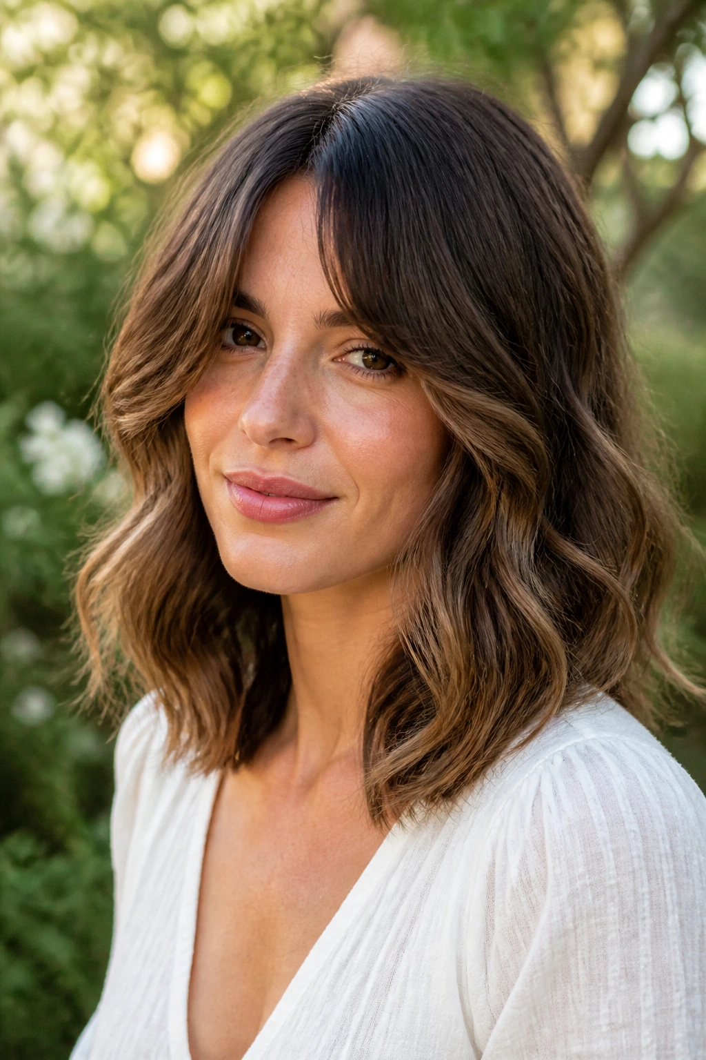 Close-up of woman with soft waves at shoulder length and blended bangs in a garden