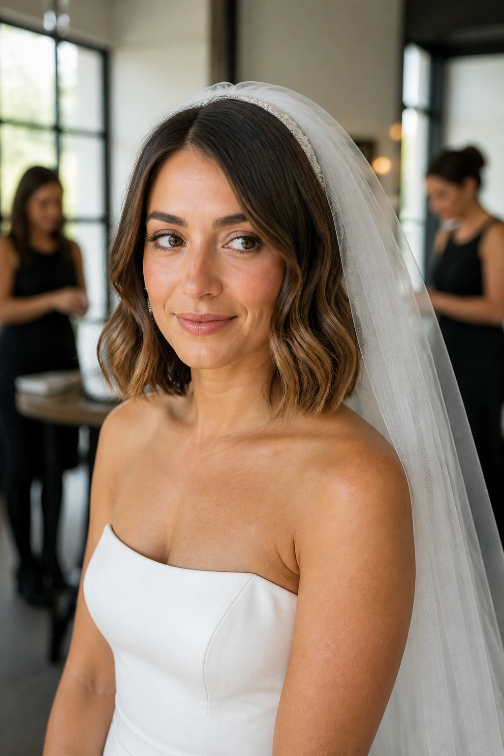 Veil-ready soft wave bob with veil perched above the waves on a real bride.