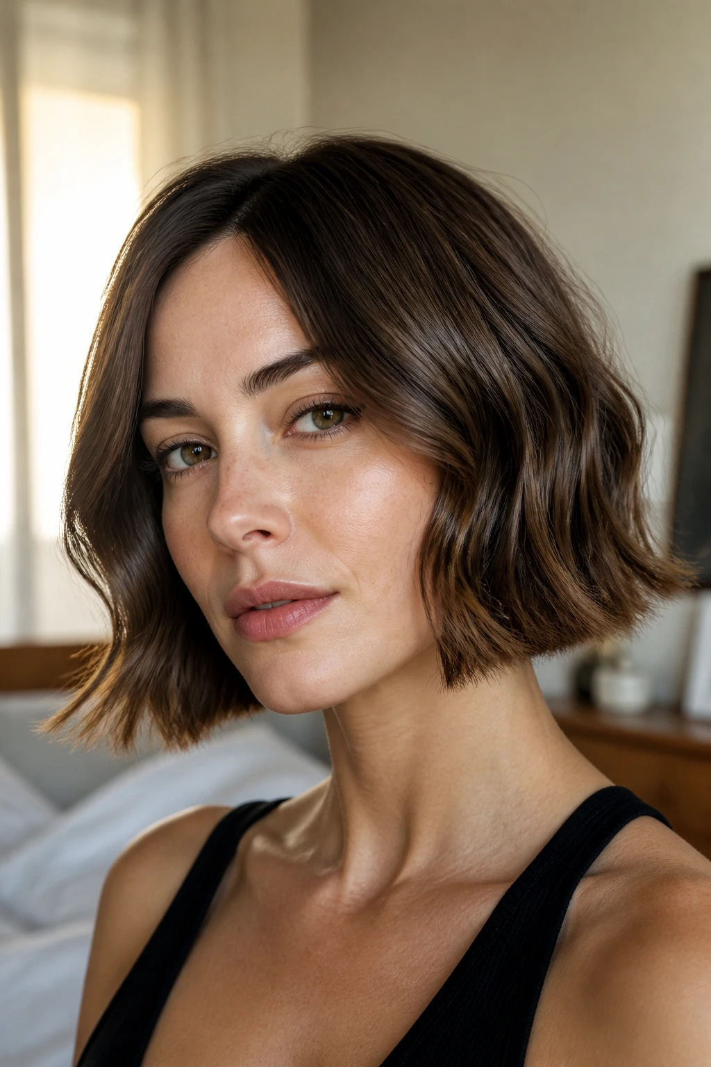 Portrait of a real woman with soft-waved blunt bob and defined blunt ends