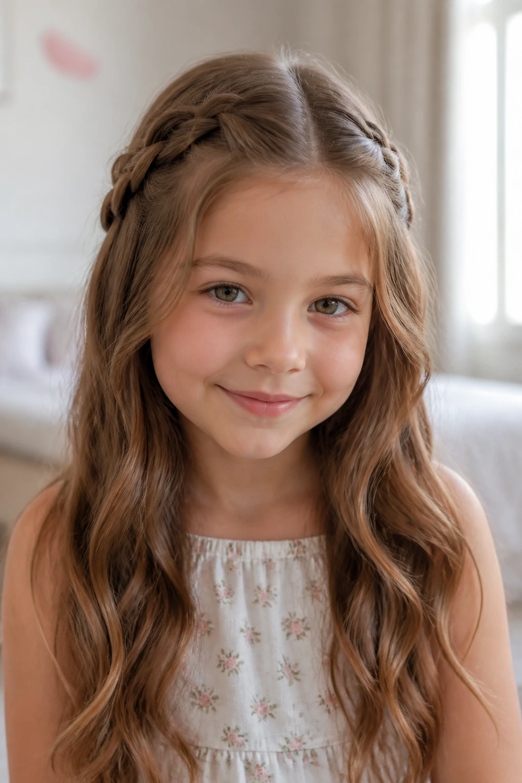 Close-up of a little girl's long hair with soft waves and braided front pieces