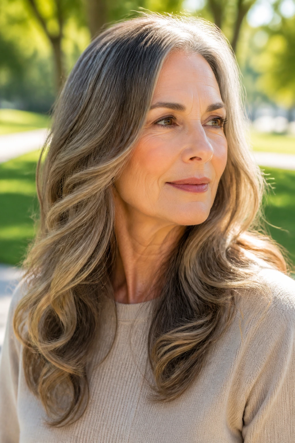 Close-up of a real woman with soft waves starting below the cheekbone in an outdoor setting