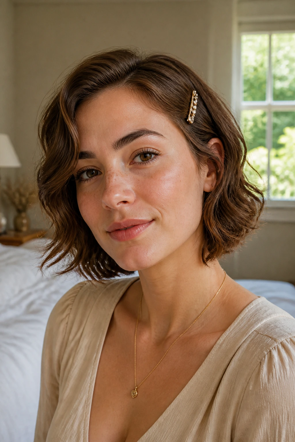 Close-up of a woman with soft waves and a small clip in hair