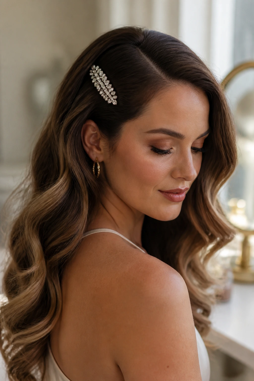 Portrait of a woman with soft waves and a sparkly clip at the temple.