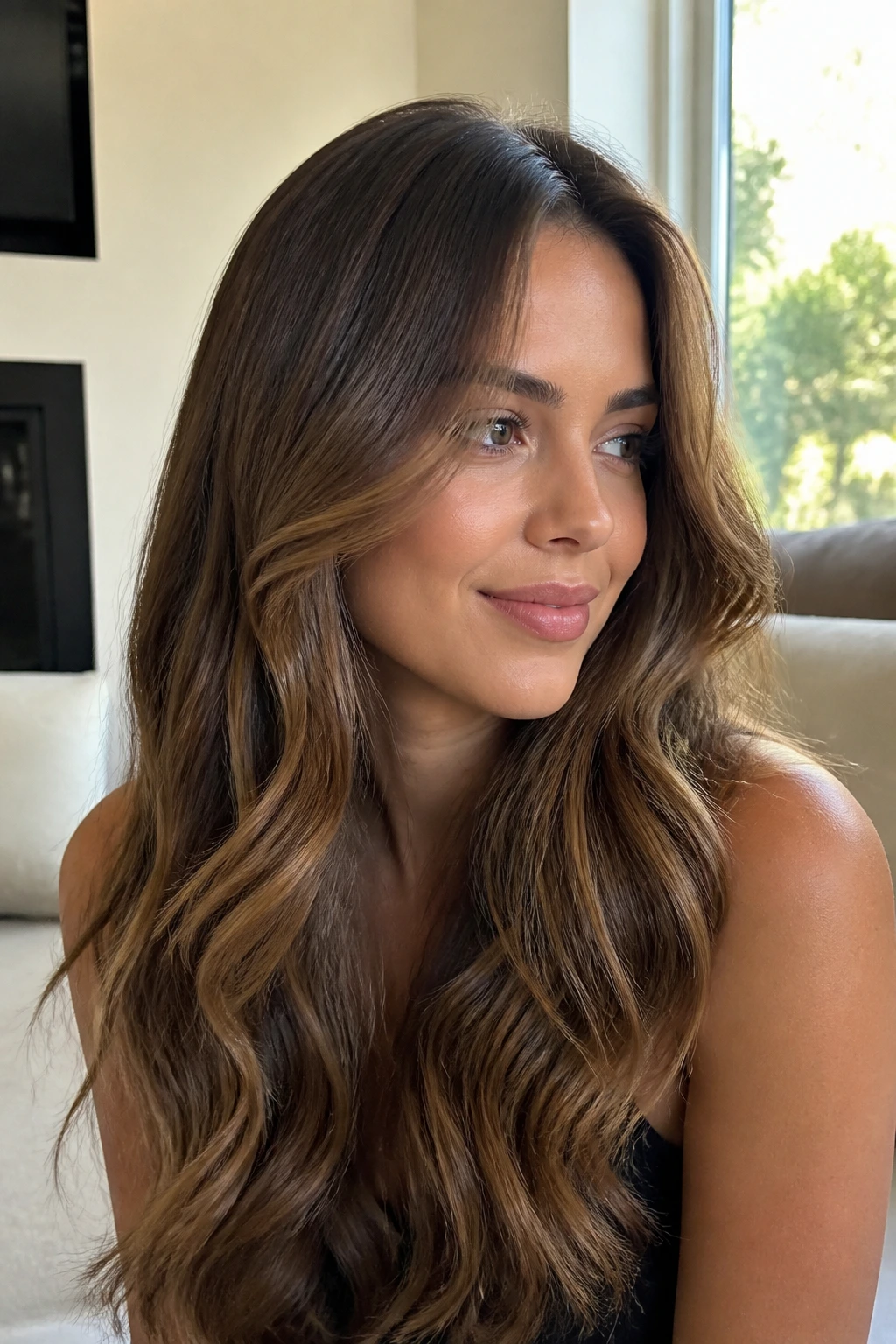 Real woman with soft brushed-out waves and face-framing layers