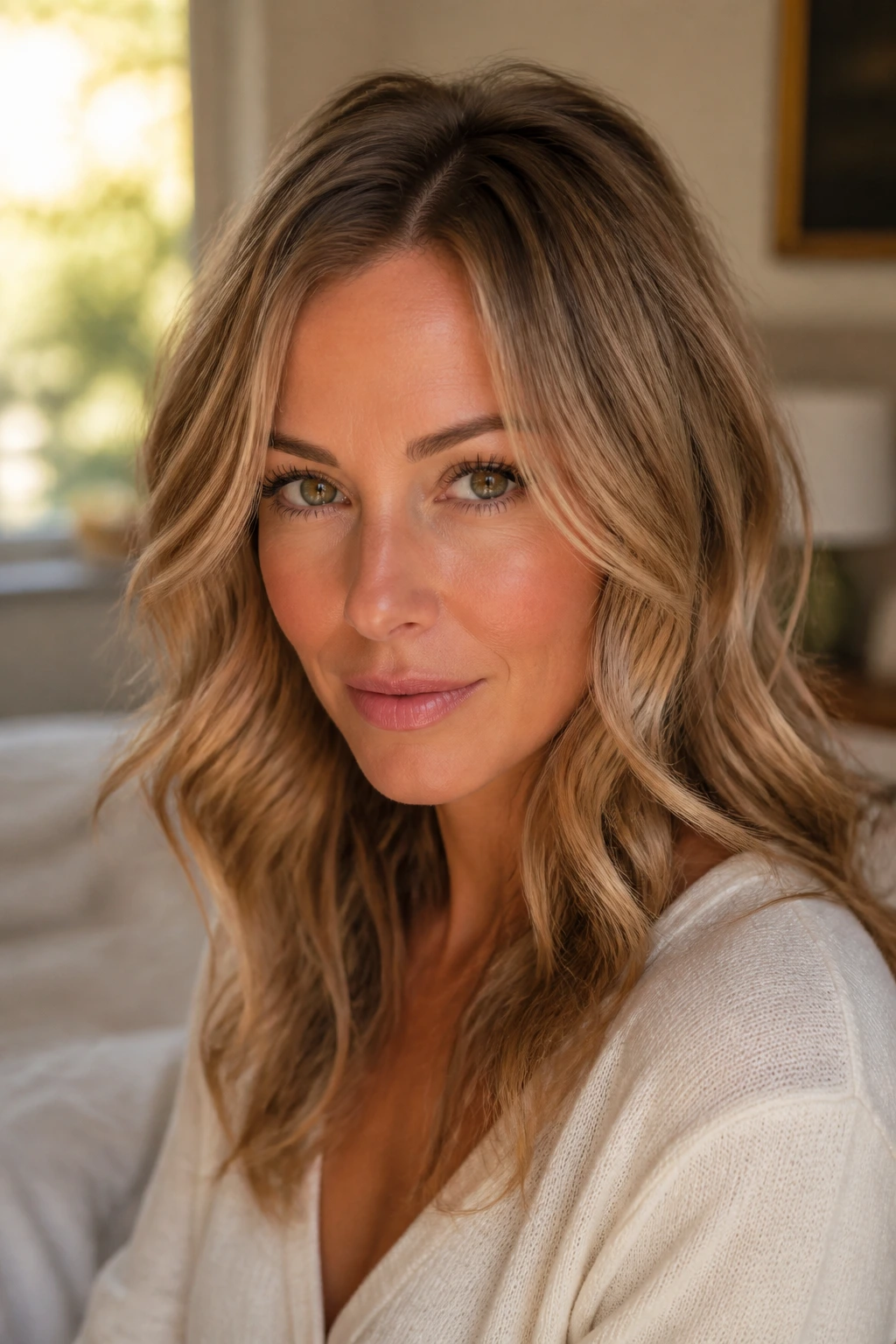 Close-up portrait of a real woman with soft loose waves and crown lift in fine hair