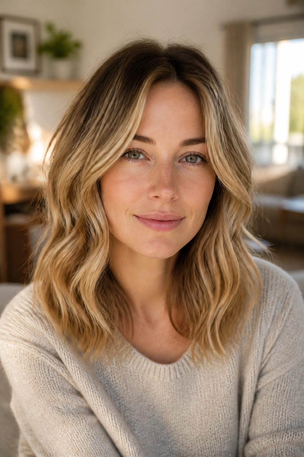 Close-up of a woman showing soft waves for shape in fine hair