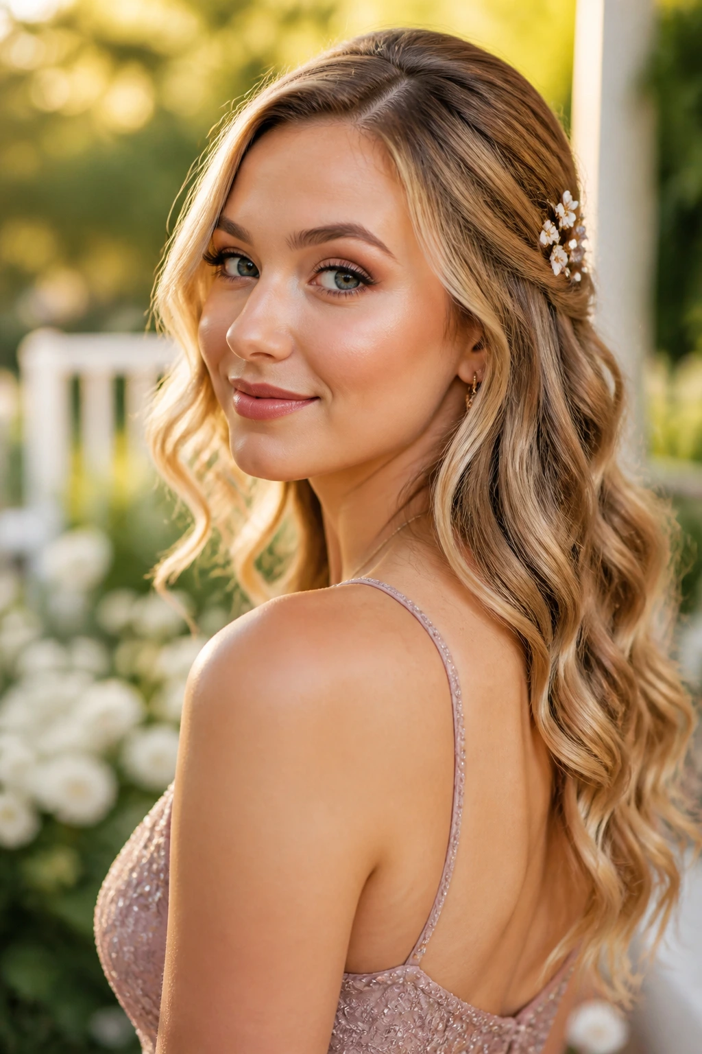 Close-up of a real woman wearing soft waves with tiny floral pins on the side.