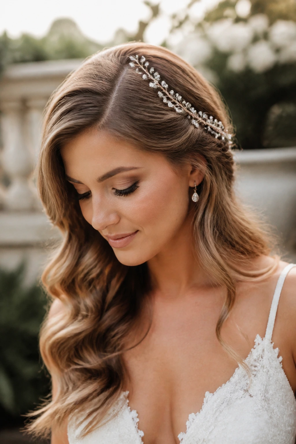 Bride with soft side-parted waves and hair vine near temple