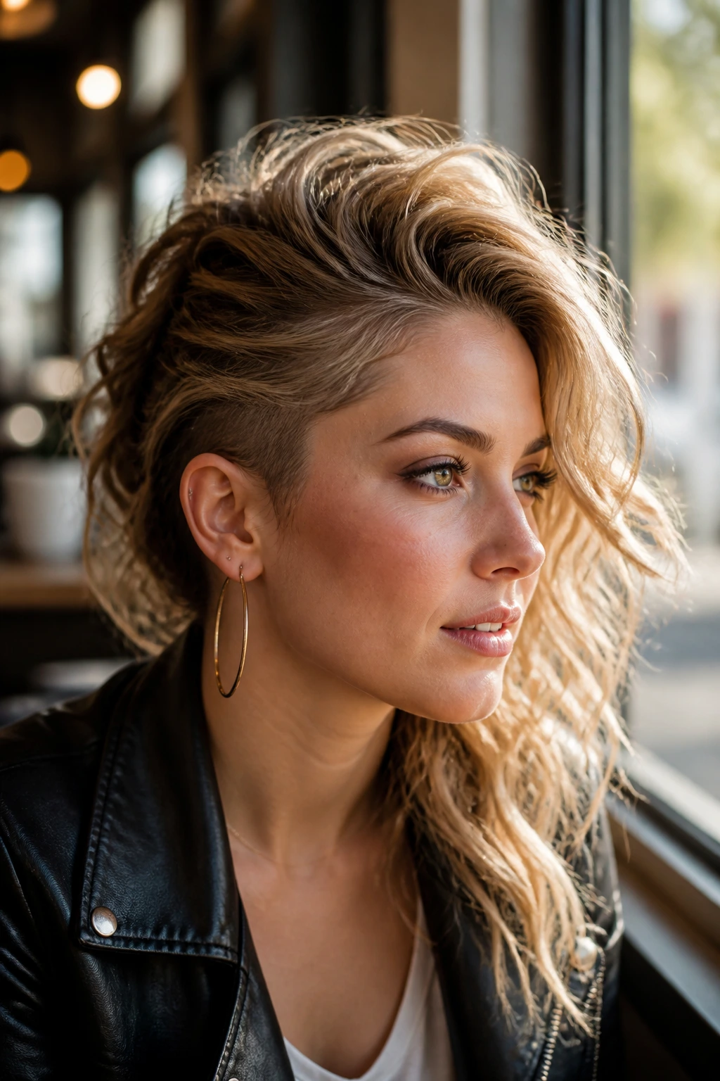 Close-up of a real woman with lifted ridge and soft waves in a faux hawk.