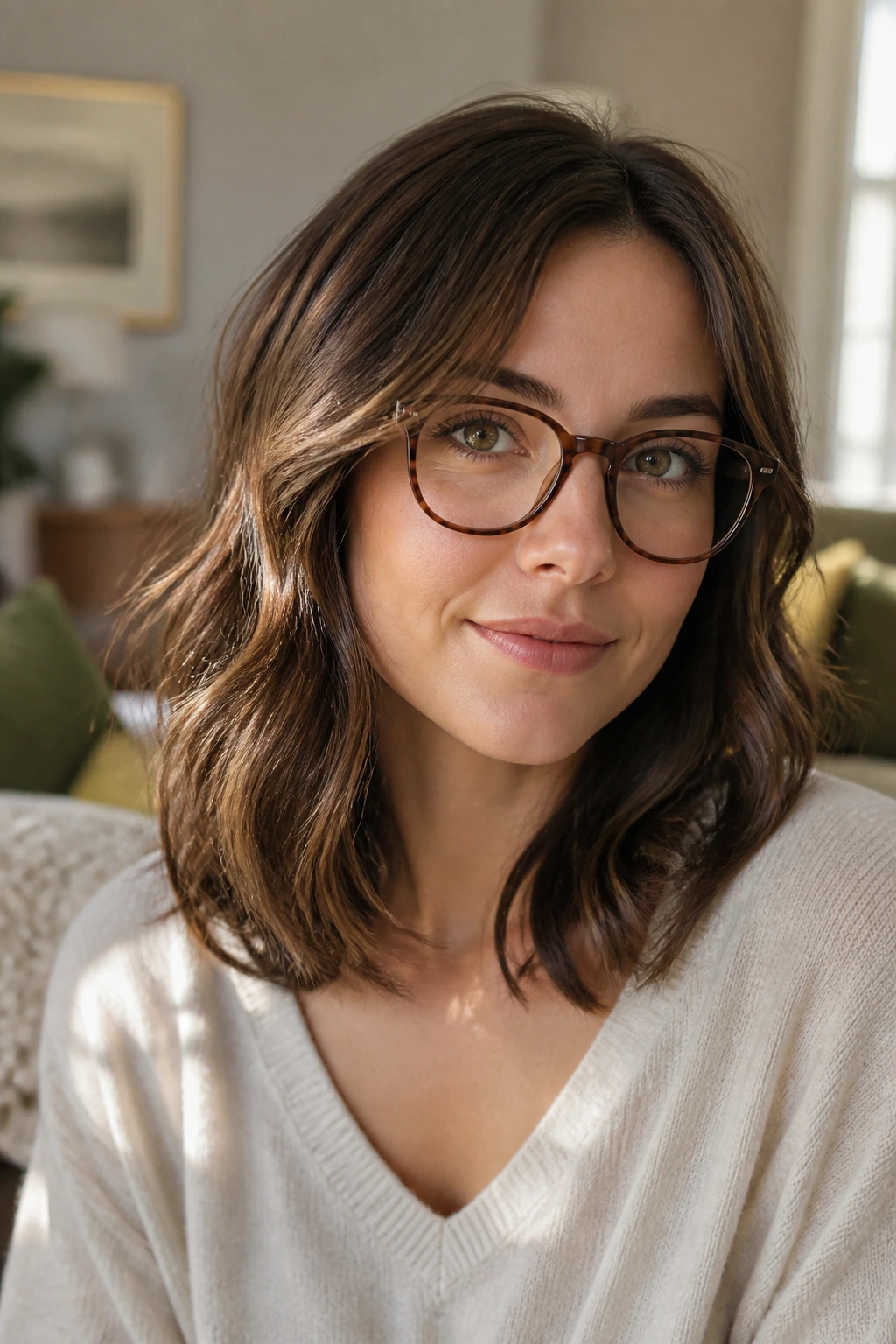 Close-up of a woman with shoulder-length soft waves and invisible layers wearing glasses