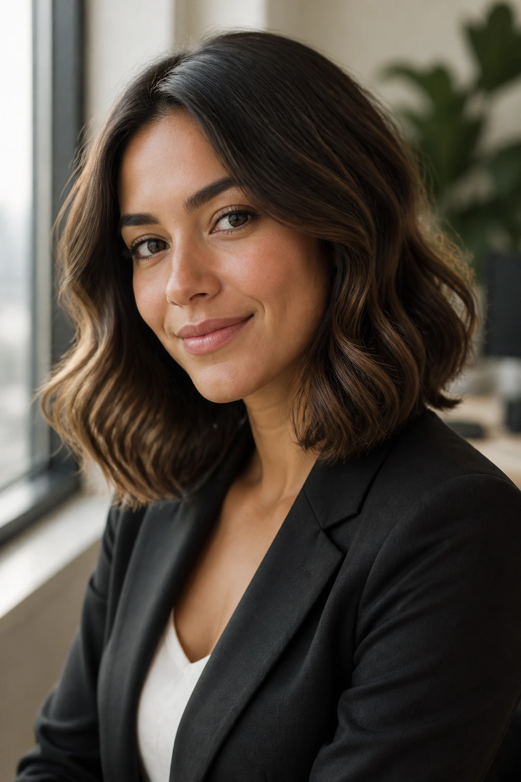 Close-up portrait of a woman with a shoulder-length lob and soft waves in office lighting