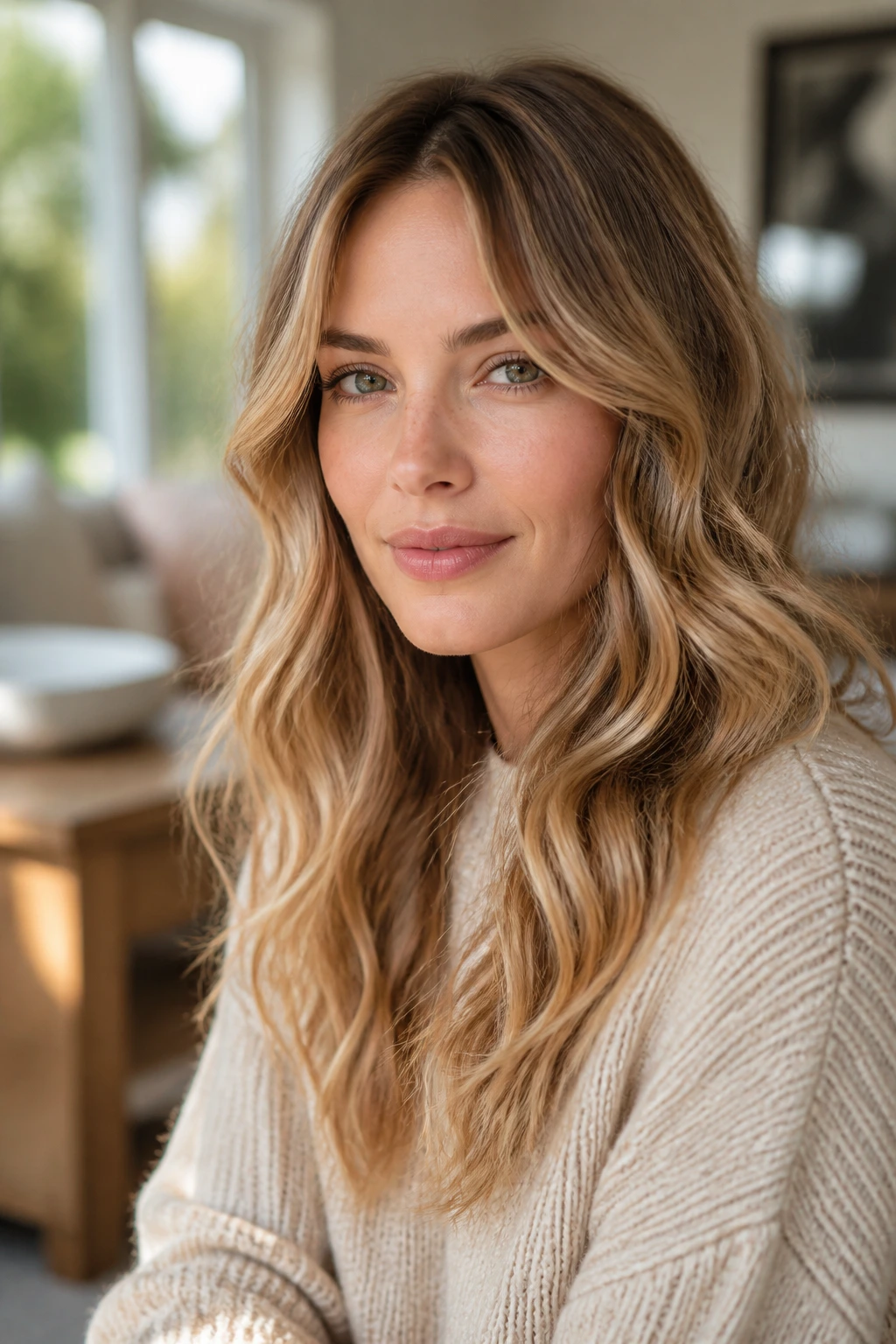 Portrait of a woman with soft waves on long thin hair in natural light