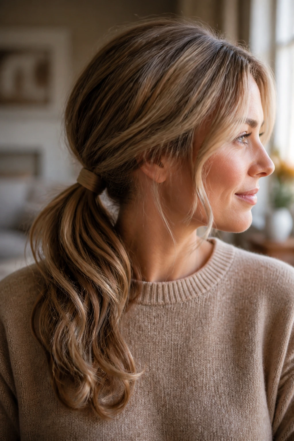 Real woman with soft waves in a low ponytail