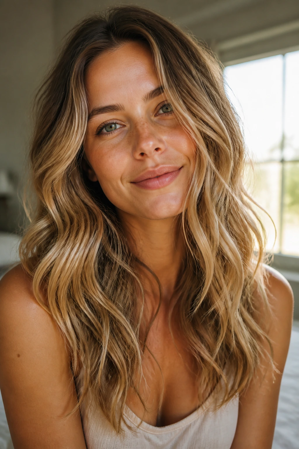 Close-up of a real woman with soft beachy waves in natural window light