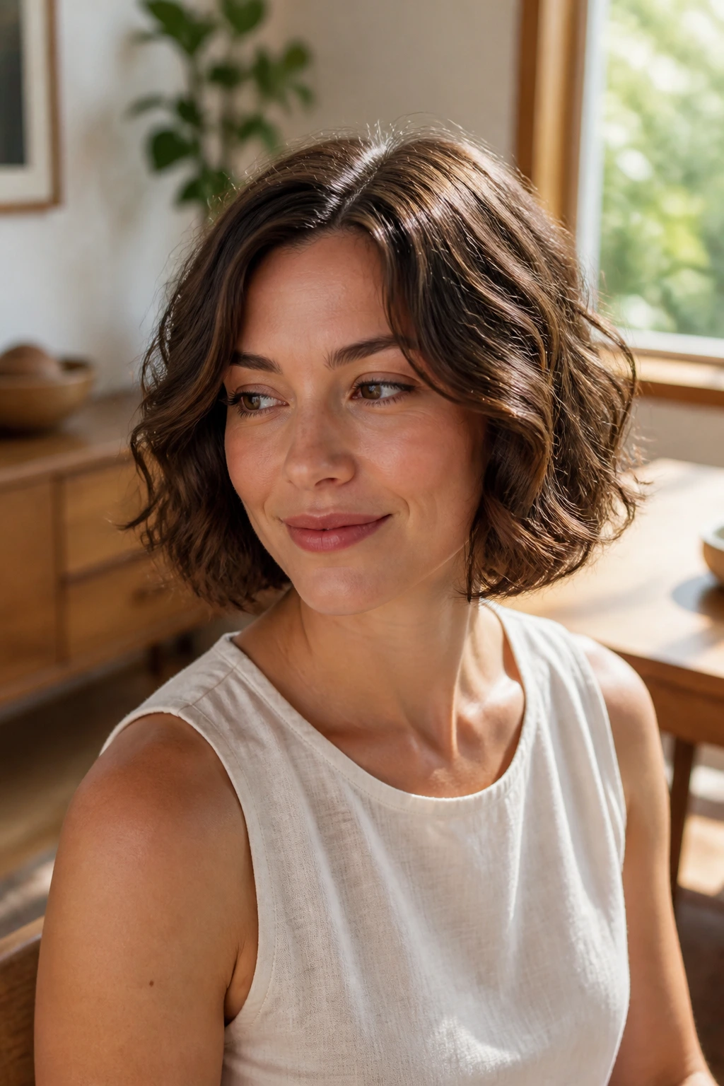 Portrait of a woman with soft, defined short waves in hair