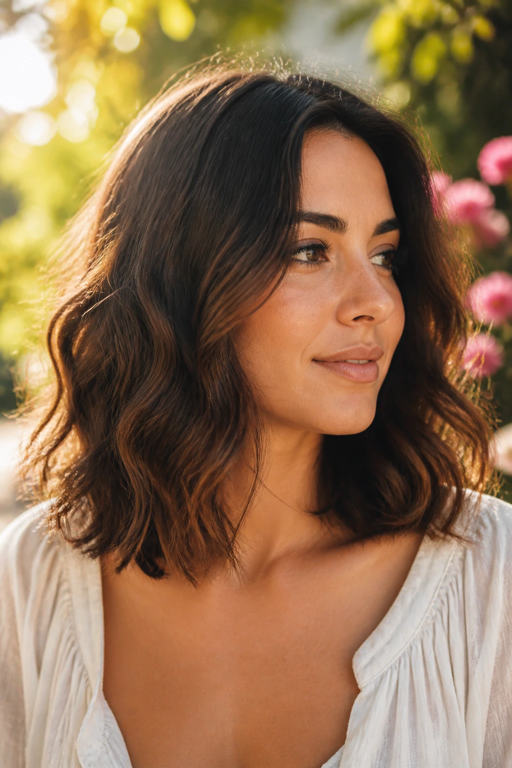 Portrait of a real woman with soft waves at shoulder length in natural light