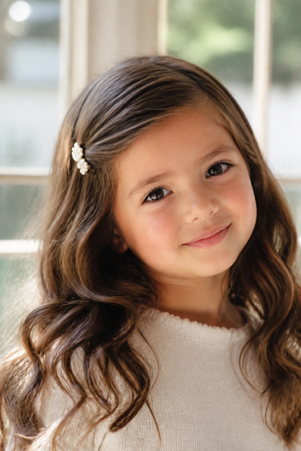 Close-up of brunette hair with soft waves and a side clip