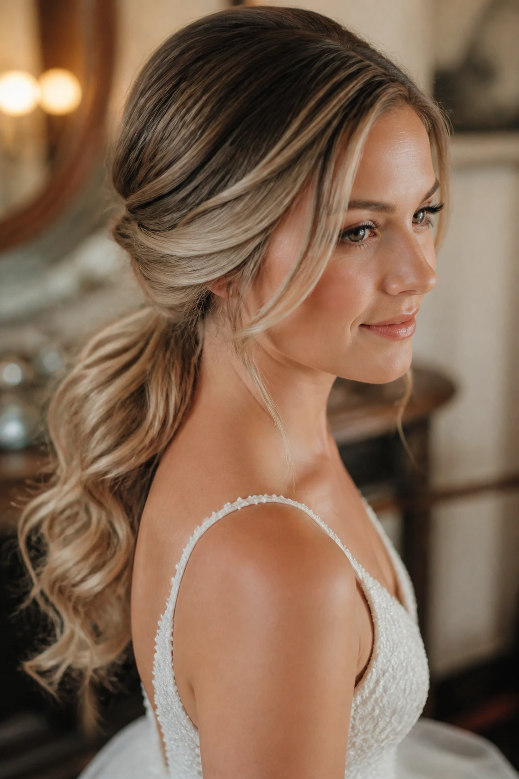 Bride with tucked side part and low ponytail showing soft waves