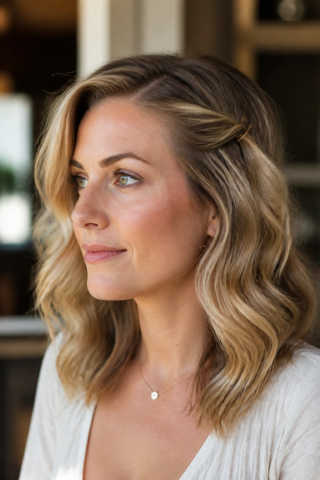 Portrait of a woman showcasing side-parted waves with a temple pin