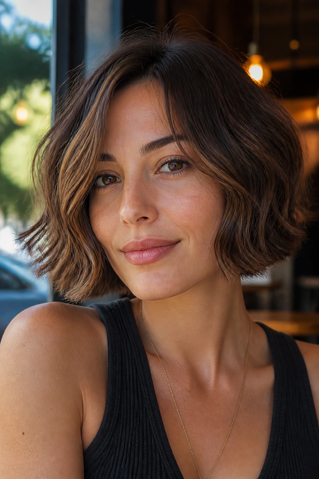 Close-up portrait of Soft Wavy Bob hairstyle on a real woman with loose waves.