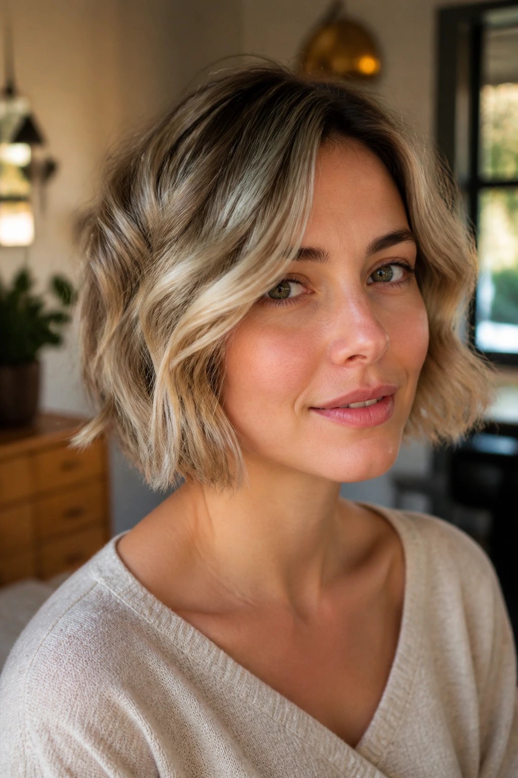 Real woman with soft wavy bob, loose waves portrait