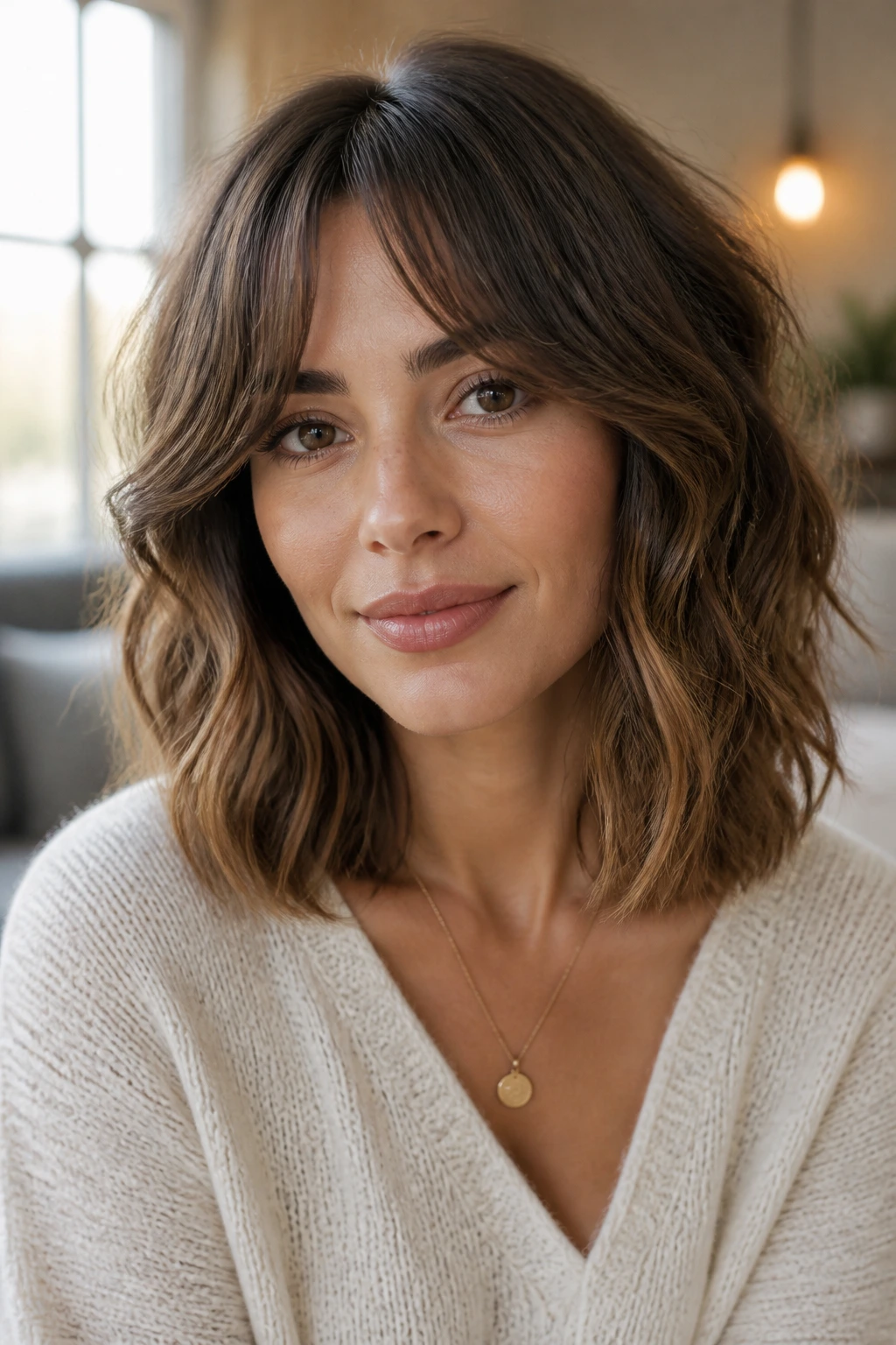 Portrait of a woman with soft wavy lob and feathered curtain bangs in warm daylight