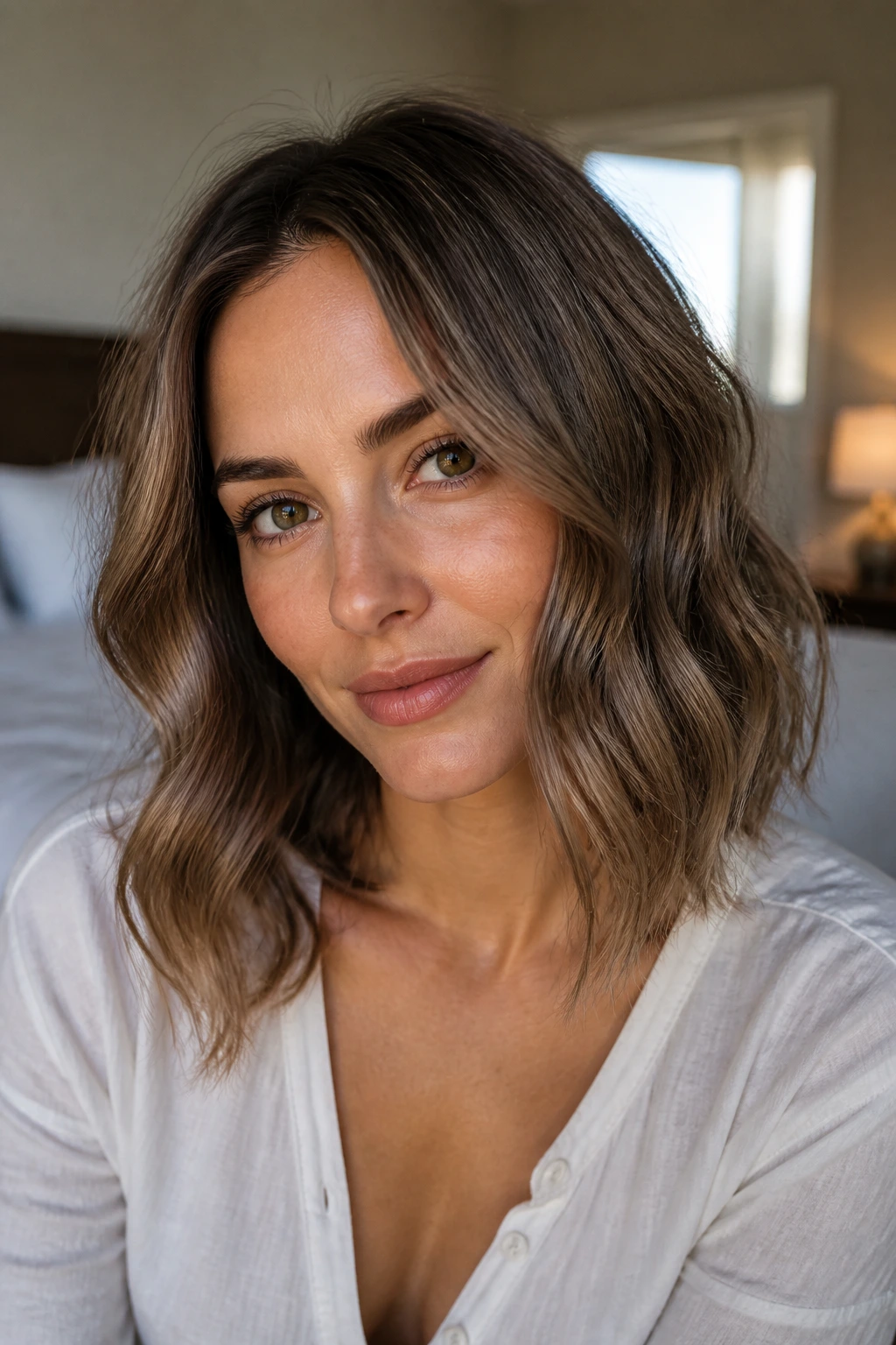 Close-up of a woman with a soft wavy lob at collarbone length in warm window light