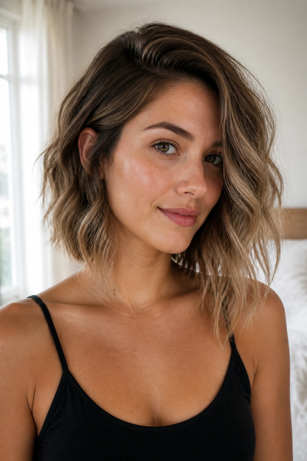 Portrait of soft wavy asymmetrical lob with longer side and natural texture