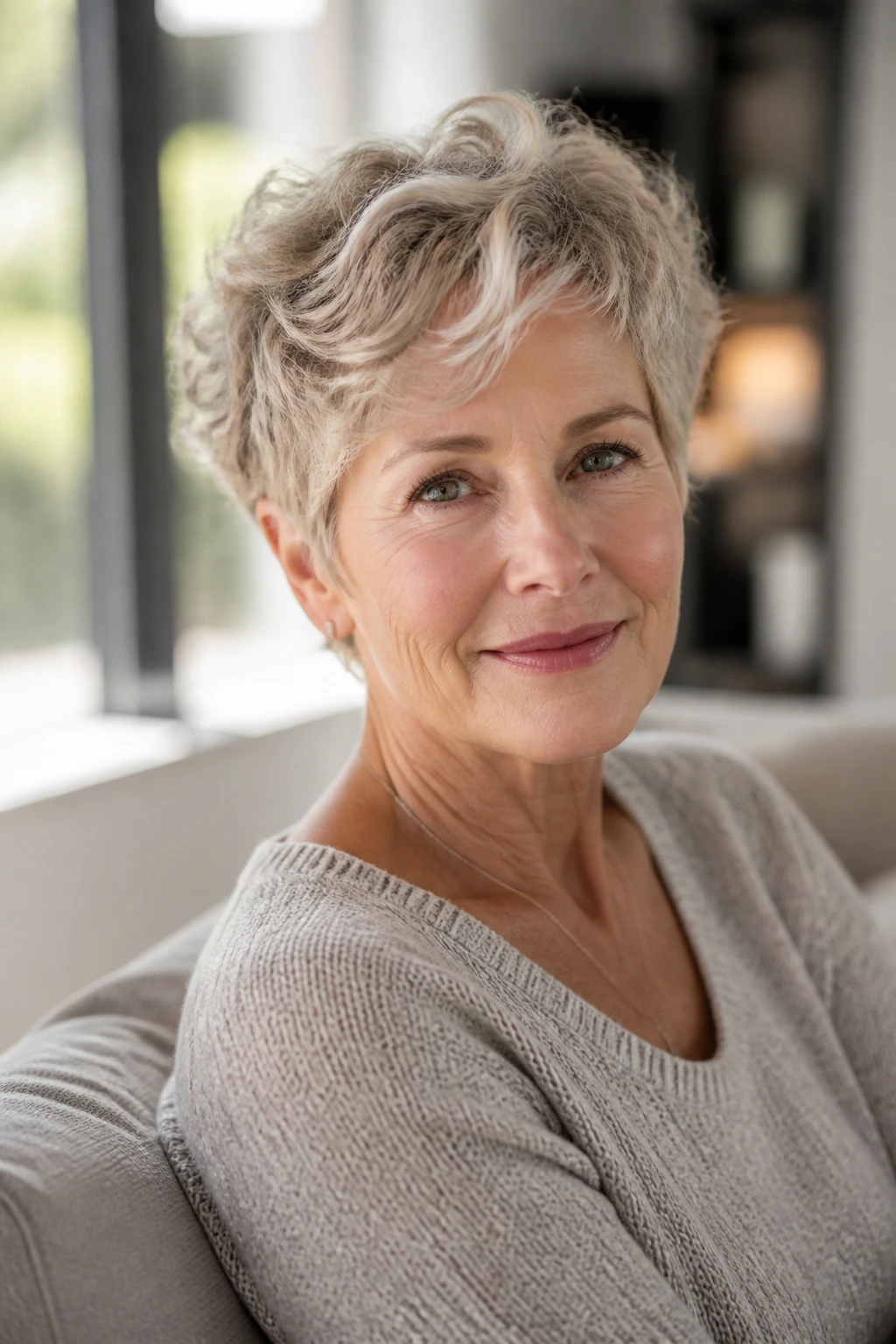 Mature woman with soft wavy pixie hairstyle by a sunlit window