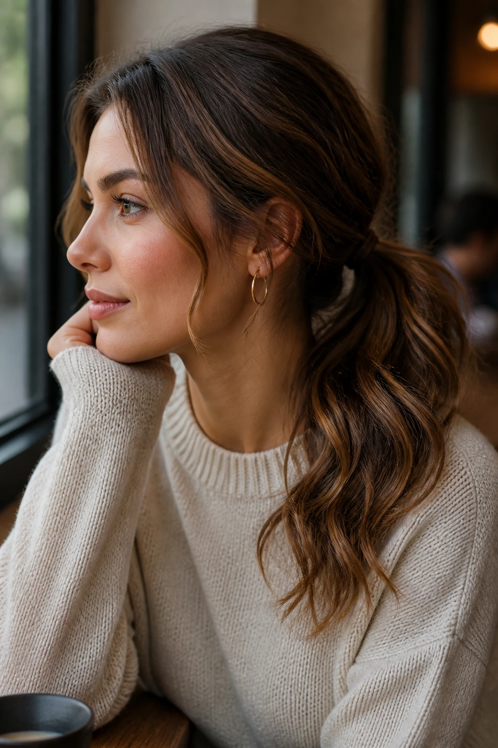 Close-up of a real woman with a soft wavy low ponytail