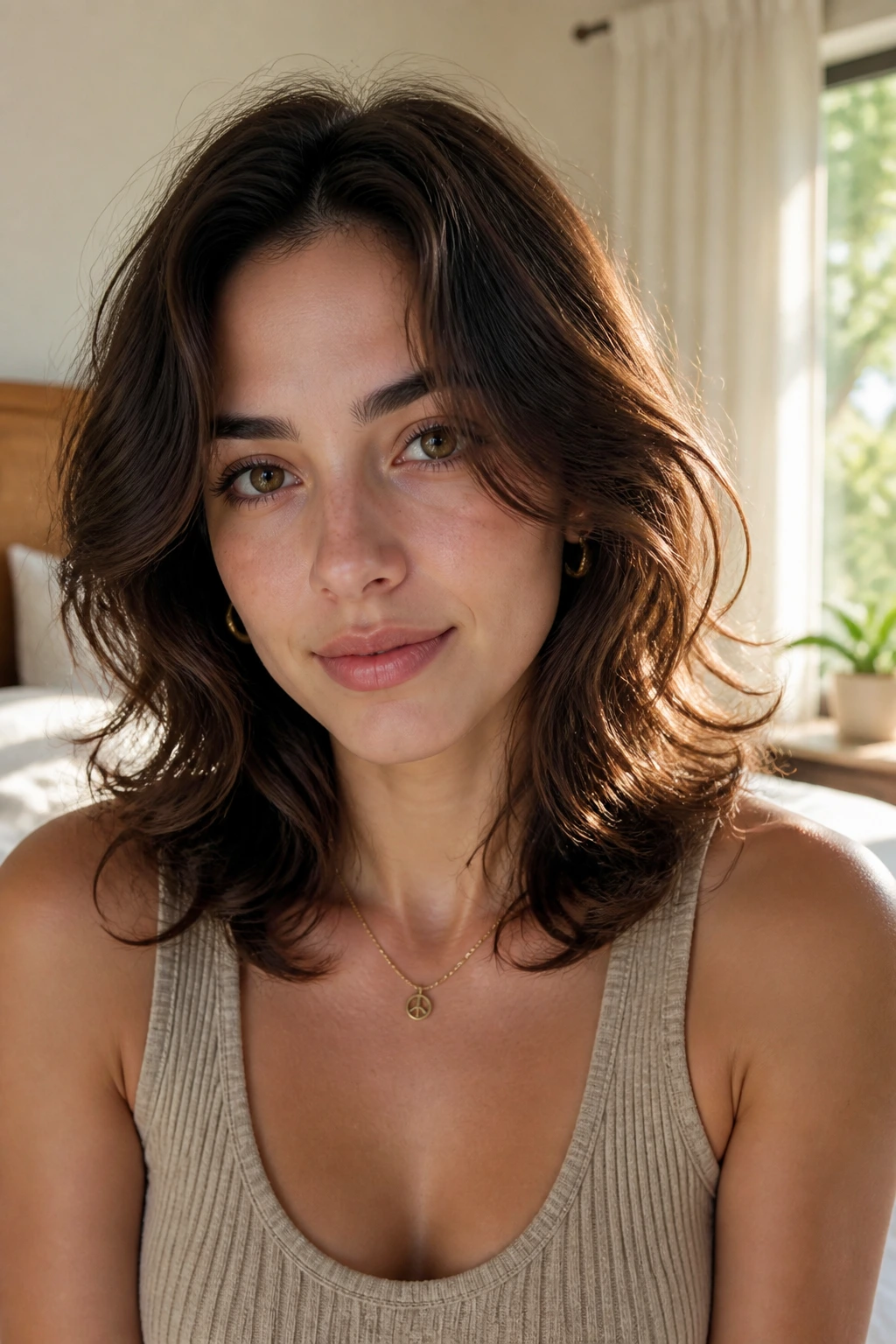 Close-up of a real woman with soft wavy shag and no bangs under natural window light