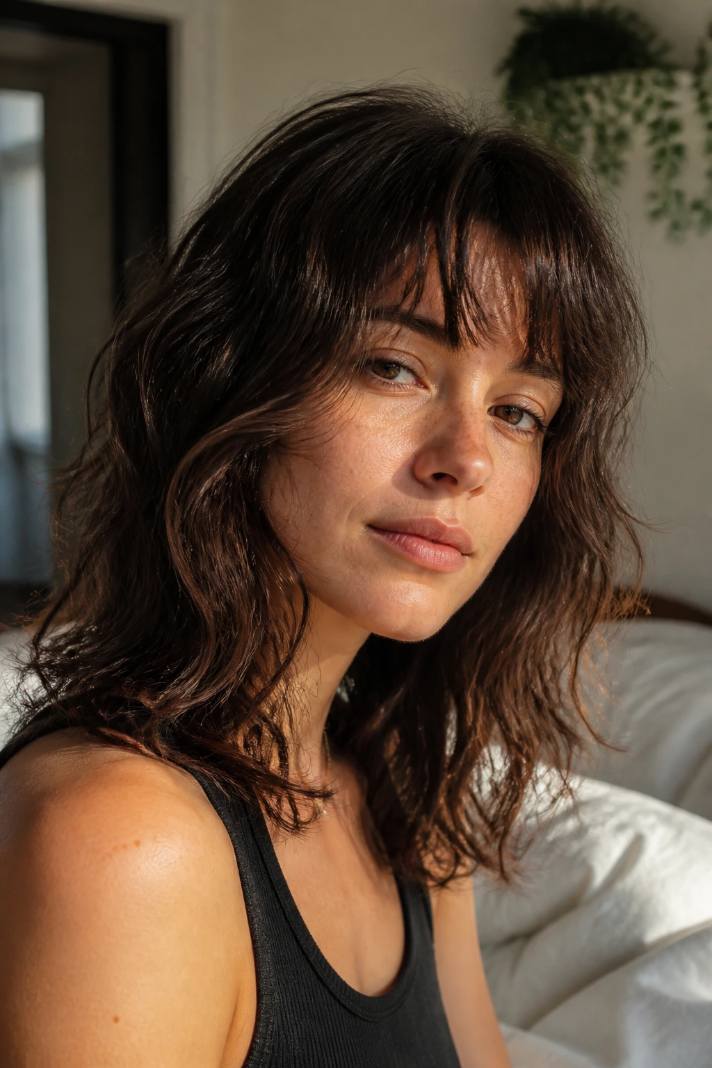 Close-up of a person with a soft wavy wolf cut illustrating texture softness