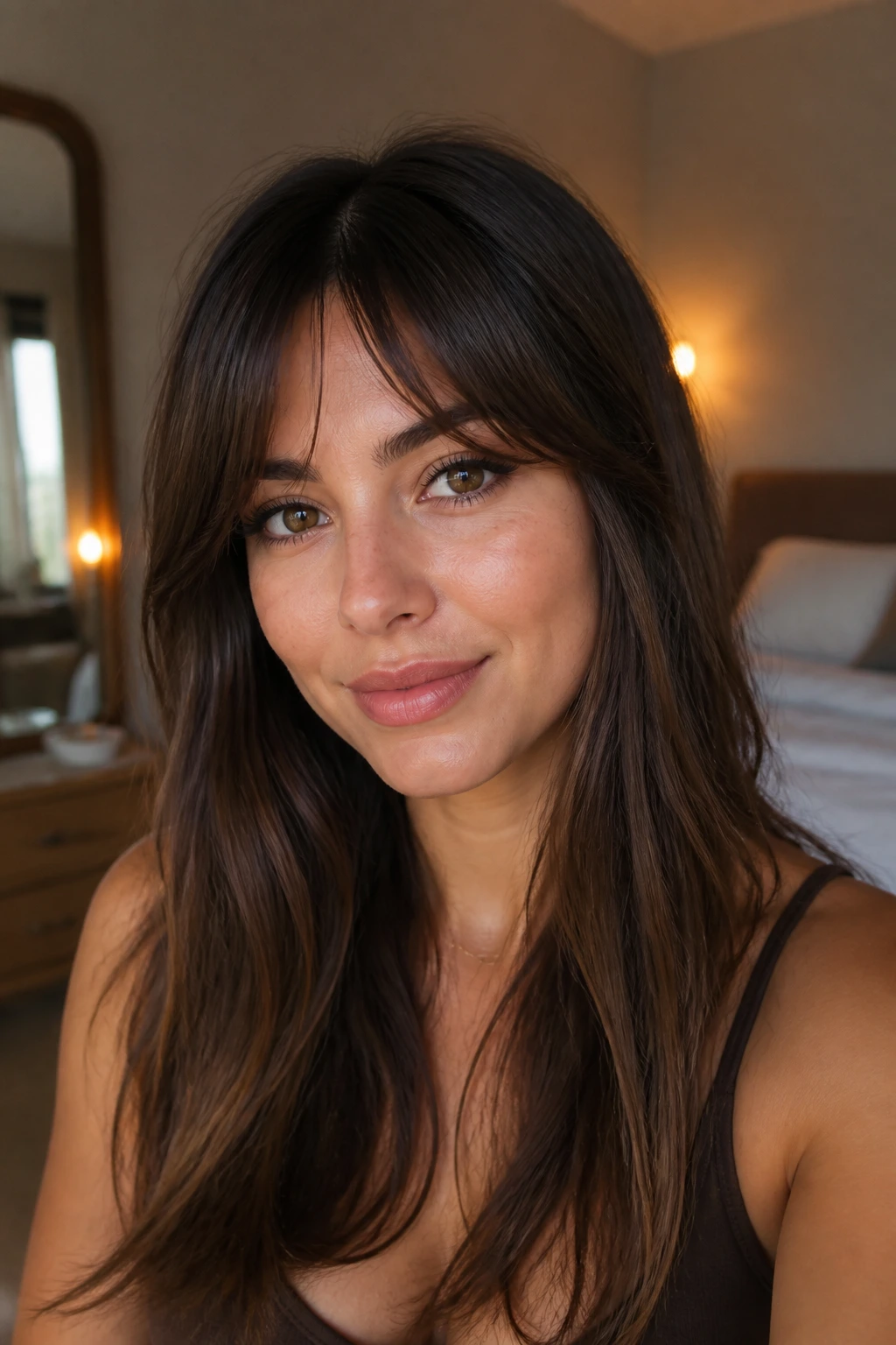 Close-up portrait of a real person wearing soft wedge bangs forming a gentle wedge frame.