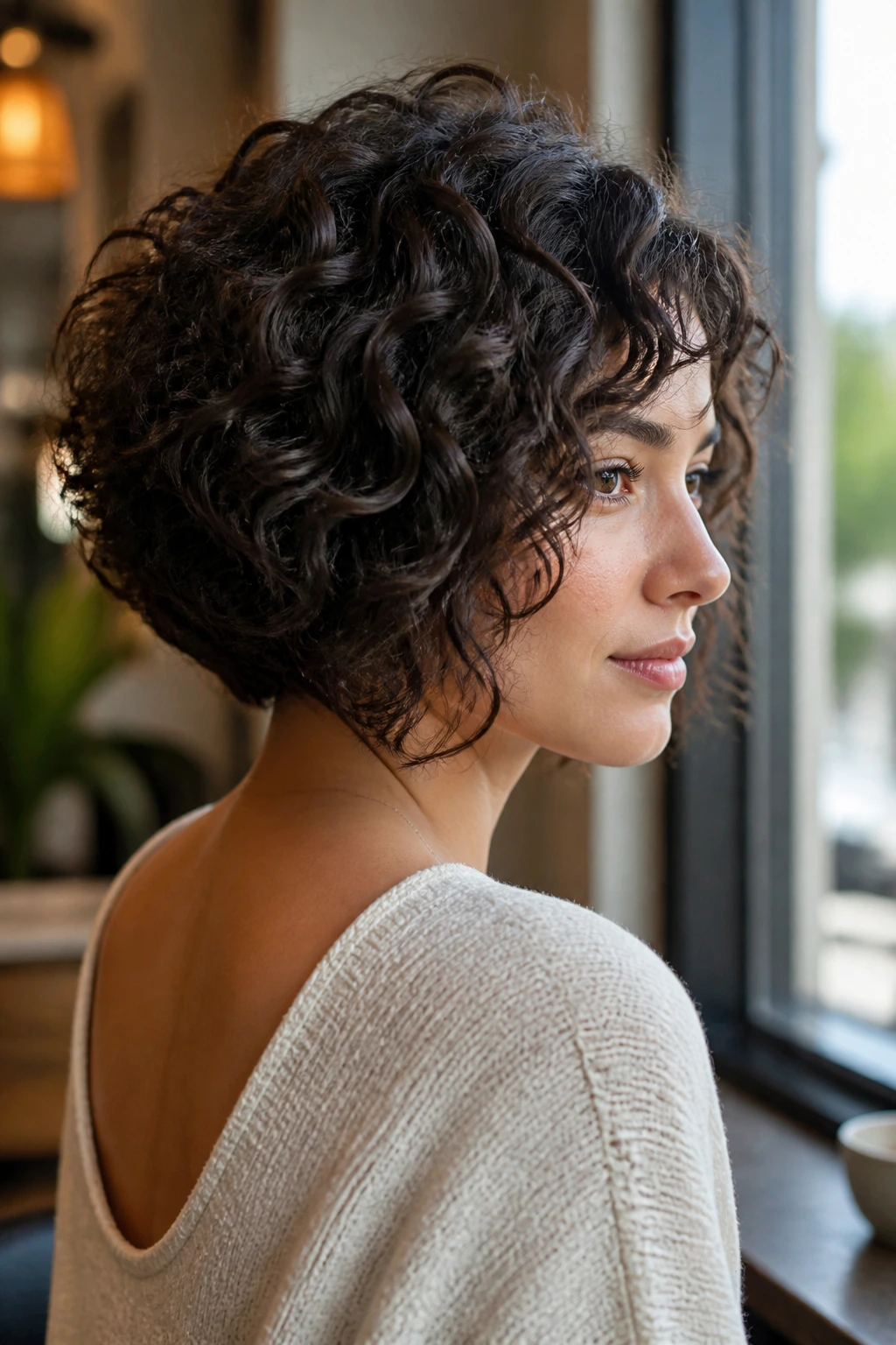 Close-up portrait of a woman with a soft wedge curly bob in daylight at a cafe window.