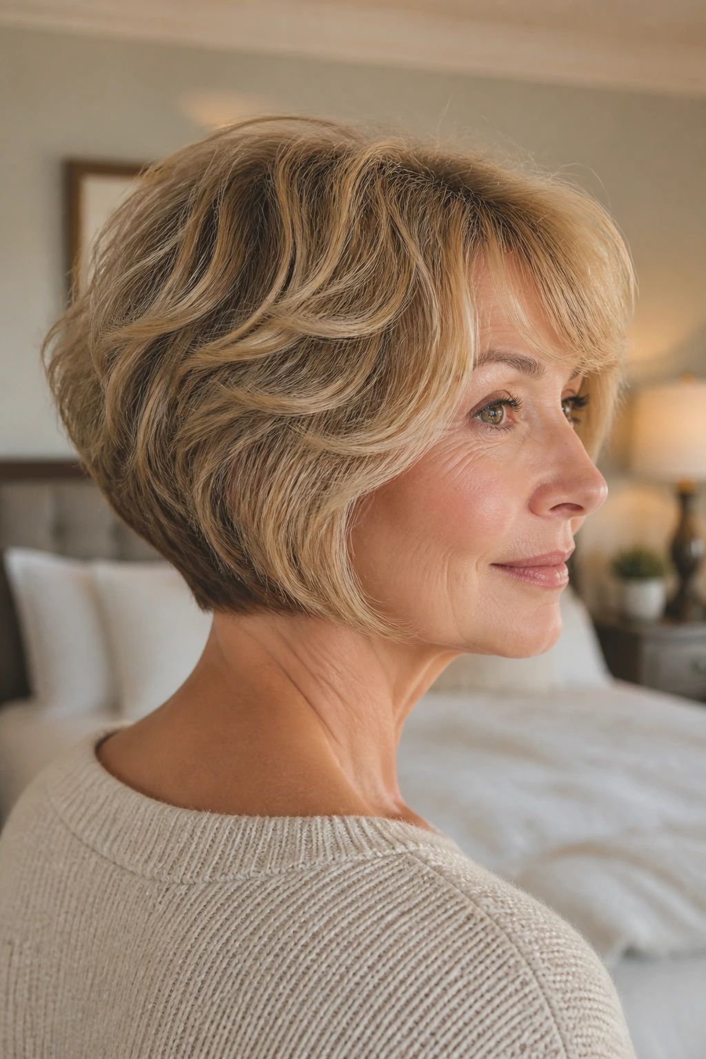 Close-up of an older woman with a soft wedge bob and clean nape