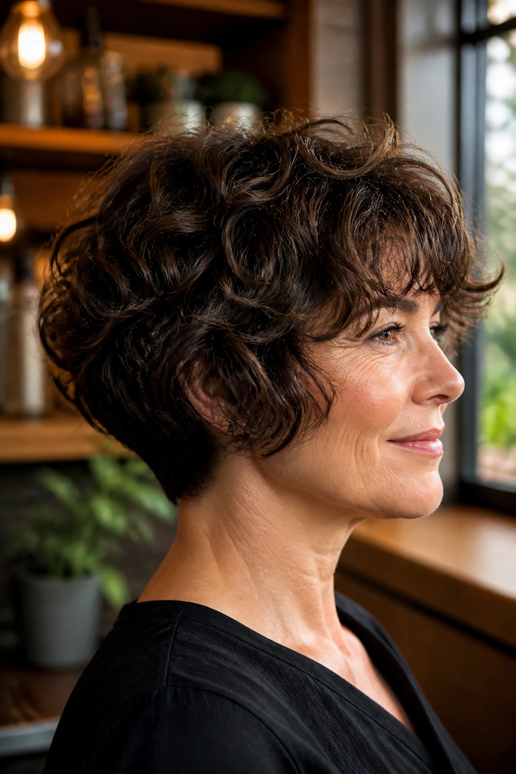 Real woman with soft wedge cut in a warm cafe setting
