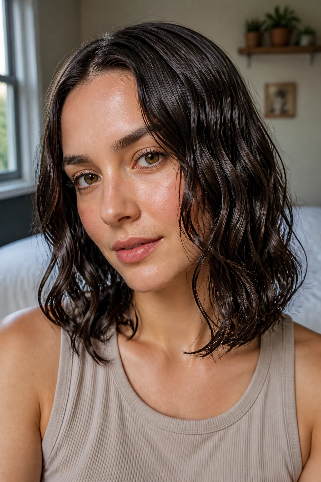 Close-up of a real woman with shoulder-length soft wet waves in a sunlit bedroom