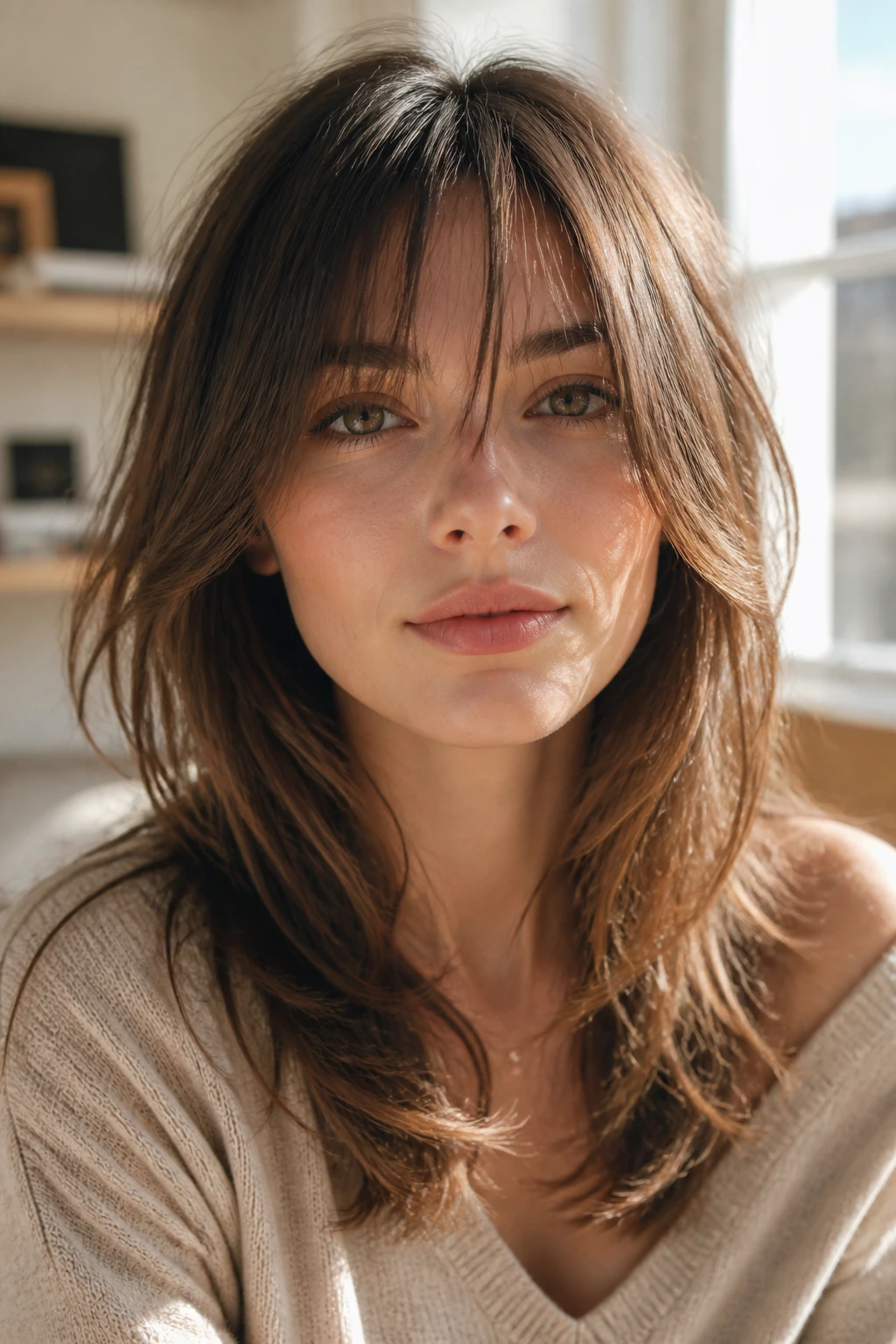 Close-up of a real person with soft wispy bangs under golden hour light